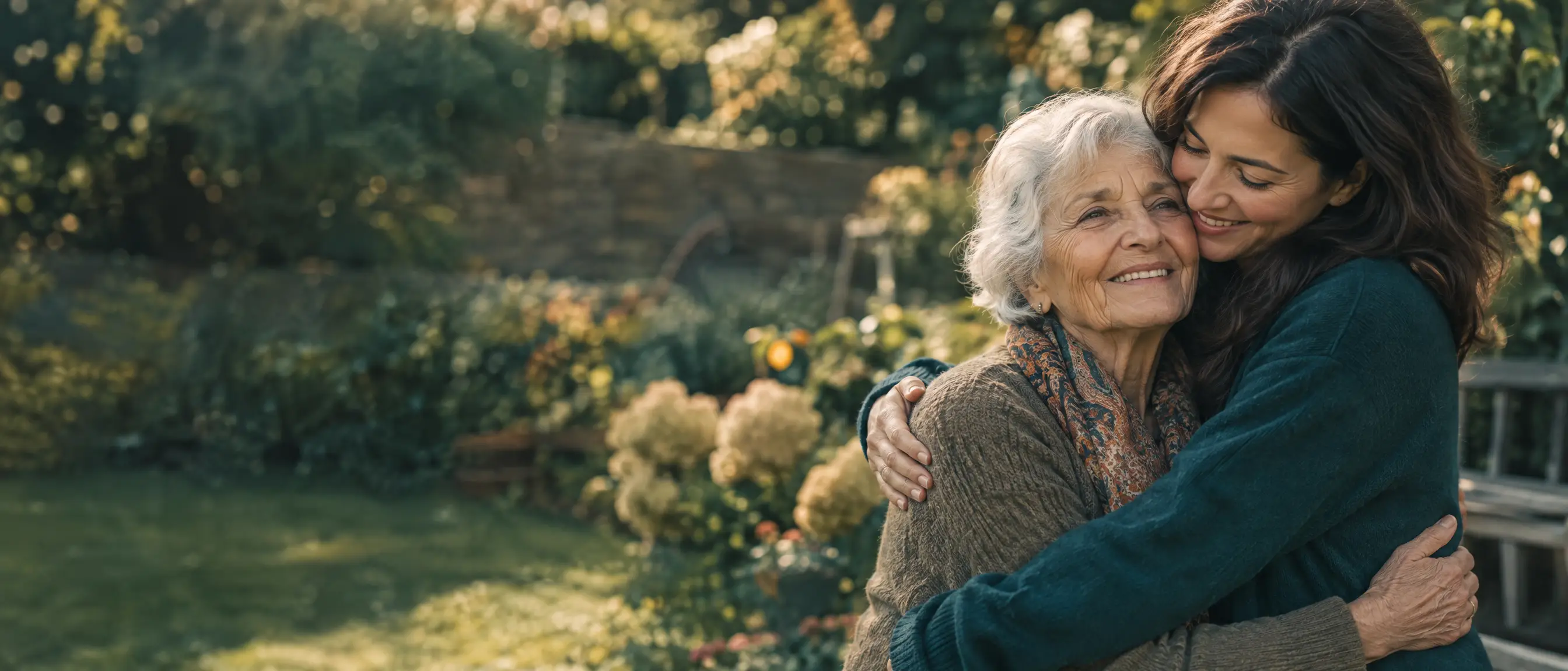 Eine Seniorin und ihre erwachsene Tochter in einer herzlichen Umarmung im Garten