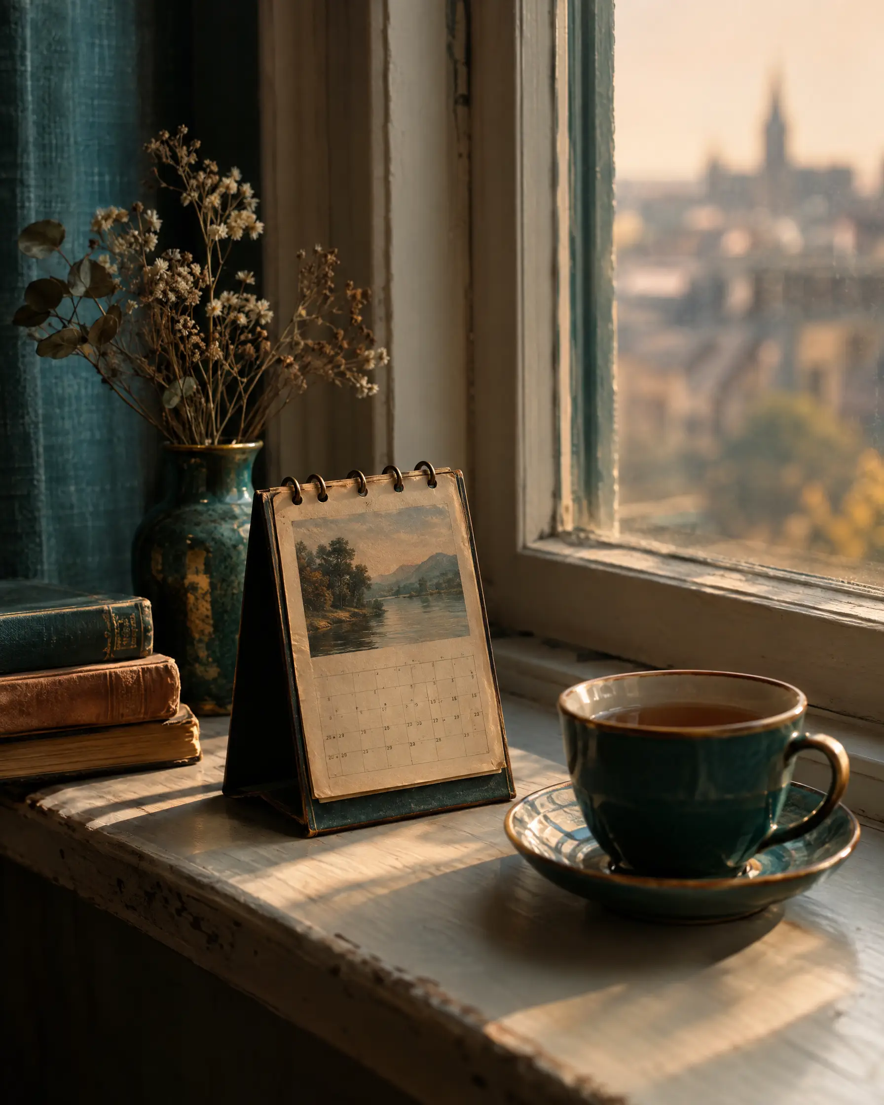 Ein Kalender und eine Tasse Tee auf einer Fensterbank im weichen Morgenlicht